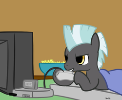 Size: 871x709 | Tagged: artist needed, safe, thunderlane, pegasus, pony, g4, male, playing video games, solo, stallion, video game