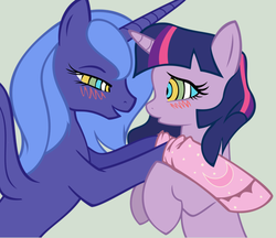 Size: 569x491 | Tagged: safe, artist:bri-sta, artist:illuminatiums, edit, princess luna, twilight sparkle, alicorn, pony, unicorn, g4, bedroom eyes, clothes, eye contact, female, hug, hypnosis, hypnotism kink, imminent kissing, kaa eyes, lesbian, looking at each other, mare, ms paint, open mouth, princess, s1 luna, ship:twiluna, shipping, show accurate, simple background, smiling, socks, unicorn twilight, white background