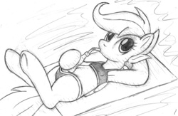 Size: 800x521 | Tagged: safe, artist:tg-0, scootaloo, pegasus, pony, semi-anthro, g4, arm hooves, armpits, bikini, clothes, cute, cutealoo, drinking, female, grayscale, looking at you, lying, mare, monochrome, on back, solo, swimsuit, traditional art