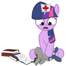 Size: 2308x2308 | Tagged: safe, artist:manateemckenzie, smarty pants, twilight sparkle, pony, unicorn, g4, book, cpr, crying, doll, feels, female, filly, first aid, foal, high res, nurse, simple background, sitting, solo, toy, transparent background, unicorn twilight, younger