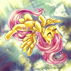 Size: 1500x1500 | Tagged: safe, artist:buttercupsaiyan, fluttershy, pegasus, pony, g4, chest fluff, eyes closed, female, flying, mare, on back, sky, smiling, solo, spread wings, wings