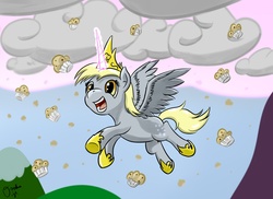 Size: 1754x1276 | Tagged: safe, artist:osakaoji, derpy hooves, alicorn, pony, g4, alicornified, cloud, cloudy, derpicorn, female, flying, magic, mare, muffin, muffin queen, princess, race swap, solo