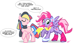 Size: 1051x617 | Tagged: dead source, safe, artist:egophiliac, starsong, toola-roola, earth pony, pegasus, pony, g3, g3.5, g4, clothes, eyes closed, female, g3 to g4, g3betes, generation leap, hat, leg warmers, mare, multicolored hair, open mouth, raised hoof, roolabetes, scarf, simple background, spread wings, starsawwwng, tail, tail wrap, transparent background, wings