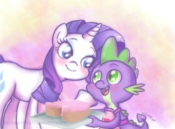 Size: 900x665 | Tagged: dead source, safe, artist:kelsea-chan, rarity, spike, dragon, pony, unicorn, g4, apron, cake, clothes, female, food, interspecies, male, mare, naked apron, ship:sparity, shipping, straight