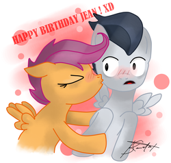 Size: 1015x966 | Tagged: safe, artist:k-the-dragonknight, rumble, scootaloo, pegasus, pony, g4, abstract background, blushing, cheek kiss, colt, duo, female, filly, kissing, male, ship:rumbloo, shipping, straight