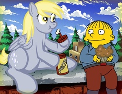 Size: 800x618 | Tagged: safe, artist:balthasar999, derpy hooves, pegasus, pony, g4, cannibalism, crossover, duo, female, glue, male, mare, muffin, paste, ralph wiggum, tasting, the simpsons
