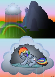 Size: 3508x4961 | Tagged: safe, artist:skunkiss, rainbow dash, pegasus, pony, g4, absurd resolution, canterlot, cloud, crying, female, hindsight, mare, rain, sad, solo