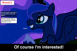 Size: 1024x671 | Tagged: safe, edit, edited screencap, screencap, princess luna, alicorn, pony, comic:celestia's servant interview, g4, caption, female, image macro, interview, mare, meme, meta, solo