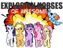 Size: 1187x900 | Tagged: safe, artist:rydelfox, applejack, fluttershy, pinkie pie, rainbow dash, rarity, twilight sparkle, earth pony, pegasus, pony, unicorn, g4, cool guys don't look at explosions, explosion, female, mane six, mare, simple background, transparent background, unicorn twilight
