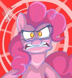 Size: 500x538 | Tagged: safe, artist:secoh2000, pinkie pie, earth pony, pony, g4, abstract background, angry, female, looking at you, mare, no pupils, pinkie promise, solo