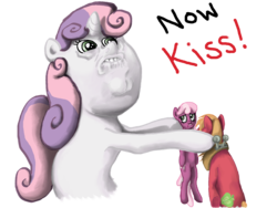 Size: 1600x1200 | Tagged: safe, artist:myminiatureequine, big macintosh, cheerilee, sweetie belle, earth pony, pony, unicorn, g4, female, filly, male, mare, meme, now kiss, ponified, ponified meme, ship:cheerimac, shipper on deck, shipping, simple background, stallion, straight, sweetie the shipper, transparent background, trio, uncanny valley, wat