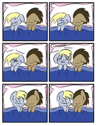 Size: 2550x3301 | Tagged: safe, artist:joeywaggoner, derpy hooves, doctor whooves, time turner, earth pony, pegasus, pony, g4, bed, boop, cute, duo, female, high res, male, mare, noseboop, ship:doctorderpy, shipping, sleeping, stallion, straight, whimpering
