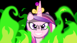 Size: 2732x1536 | Tagged: safe, artist:atmospark, queen chrysalis, alicorn, changeling, pony, a canterlot wedding, g4, season 2, disguise, disguised changeling, evil, fake cadance, female, fire, green fire, horn, looking at you, mare, solo, vector, wallpaper, wings