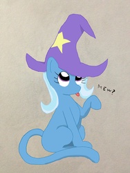 Size: 2448x3264 | Tagged: safe, artist:magiermacht, trixie, cat, cat pony, original species, g4, :p, catified, clothes, female, hat, high res, looking up, meow, silly, sitting, solo, species swap, tongue out, trixie's hat