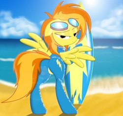 Size: 1417x1332 | Tagged: safe, artist:spitshy, spitfire, pegasus, pony, g4, beach, bedroom eyes, butt, female, goggles, latex, latex suit, looking back, mare, plot, rear view, solo, spread wings, stupid sexy spitfire, surfboard, wings, wonderbolts uniform
