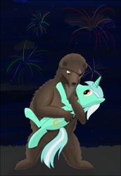 Size: 412x600 | Tagged: safe, artist:widsithgrey, lyra heartstrings, pony, unicorn, g4, crack shipping, duo, eyepatch, female, fireworks, hug, krastos the gluemaker, male, mare, night, shipping, smiling, straight