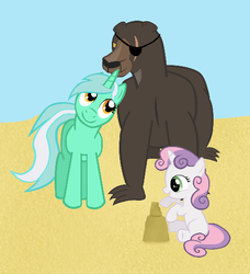 Size: 472x518 | Tagged: safe, artist:widsithgrey, lyra heartstrings, sweetie belle, pony, unicorn, g4, beach, eyepatch, female, filly, krastos the gluemaker, mare, sand, trio