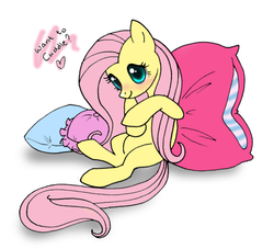 Size: 600x545 | Tagged: safe, artist:sugarcup, fluttershy, pegasus, pony, g4, blushing, bronybait, dialogue, female, heart, leaning back, mare, pillow, simple background, sitting, smiling, solo, white background