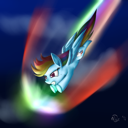 Size: 2500x2500 | Tagged: safe, artist:n1de, rainbow dash, pegasus, pony, g4, diving, female, flying, high res, mare, solo, sonic rainboom, teary eyes