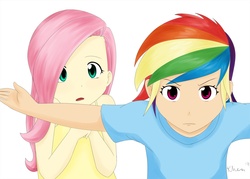 Size: 1540x1100 | Tagged: safe, artist:kprovido, fluttershy, rainbow dash, human, g4, the cutie mark chronicles, clothes, duo, female, flattershy, humanized, looking at you, protecting, scene interpretation, simple background, tank top, white background, young, younger
