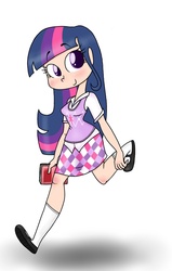Size: 1100x1730 | Tagged: safe, artist:mcnuggyy, twilight sparkle, human, g4, book, button nose, button-up shirt, closed mouth, clothes, cutie mark on clothes, female, flats, holding, humanized, light skin, looking at you, pointed breasts, shirt, shoes, simple background, skirt, smiling, smiling at you, socks, solo, sweater vest, white background