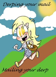 Size: 1200x1630 | Tagged: safe, artist:mcnuggyy, derpy hooves, human, g4, bag, blushing, clothes, cloud, cutie mark on clothes, cutie mark on shirt, female, happy, humanized, letter, light skin, mail, mailbag, no pupils, noodle arms, open mouth, open smile, outdoors, running, shoes, shorts, smiling, solo, sun, text