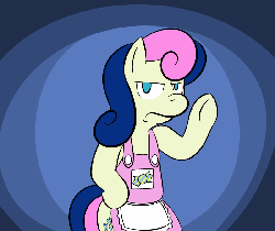 Size: 800x675 | Tagged: safe, artist:lamia, bon bon, sweetie drops, earth pony, pony, semi-anthro, g4, abstract background, animated, apron, arm hooves, bipedal, blue background, bon bon is not amused, clothes, cutie mark, female, gif, looking at you, mare, no pupils, oh no you didn't, simple background