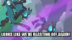 Size: 400x225 | Tagged: safe, edit, edited screencap, screencap, queen chrysalis, changeling, changeling queen, a canterlot wedding, g4, season 2, animated, blasting off again, caption, defeat, defeated, gif, looks like team rocket's blasting off again, meme, pokémon, reaction image, team rocket, twinkle in the sky