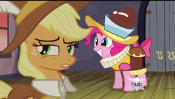 Size: 1920x1080 | Tagged: safe, screencap, applejack, chancellor puddinghead, pinkie pie, smart cookie, earth pony, pony, g4, hearth's warming eve (episode), season 2, angry, annoyed, female, hearth's warming eve, hub logo, mare, wallpaper