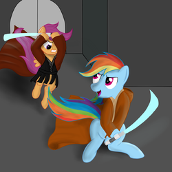 Size: 2000x2000 | Tagged: safe, artist:living_dead, rainbow dash, scootaloo, pegasus, pony, semi-anthro, g4, arm hooves, clothes, crossover, duo, energy weapon, female, filly, frown, high res, hoof hold, jumping, lightsaber, mare, open mouth, sitting, smiling, star wars, weapon