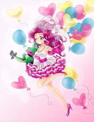 Size: 750x971 | Tagged: safe, artist:semehammer, gummy, pinkie pie, alligator, human, reptile, g4, balloon, clothes, cute, diapinkes, dress, evening gloves, female, hat, heart balloon, high heels, humanized, jewelry, necklace, one eye closed, smiling, solo