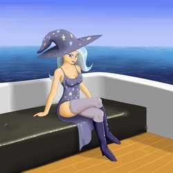 Size: 2000x2000 | Tagged: safe, artist:deilan12, trixie, human, g4, boat, boots, clothes, female, high res, humanized, legs, sitting, socks, solo, thigh highs, water