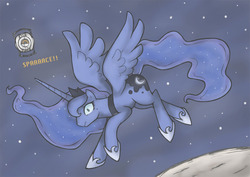 Size: 1017x721 | Tagged: safe, artist:soulspade, princess luna, alicorn, pony, g4, crossover, female, mare, moon, no pupils, personality core, portal (valve), space, space core