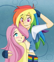 Size: 862x997 | Tagged: safe, artist:ketsuzoku, fluttershy, rainbow dash, human, g4, abstract background, blushing, clothes, colored pupils, duo, female, fingerless gloves, gloves, hair over one eye, hand on head, hug, humanized, lesbian, midriff, one eye closed, ship:flutterdash, shipping, smiling