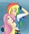 Size: 862x997 | Tagged: safe, artist:ketsuzoku, fluttershy, rainbow dash, human, g4, abstract background, blushing, clothes, colored pupils, duo, female, fingerless gloves, gloves, hair over one eye, hand on head, hug, humanized, lesbian, midriff, multicolored hair, one eye closed, rainbow hair, ship:flutterdash, shipping, smiling