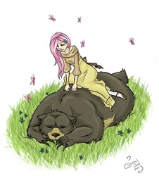 Size: 814x899 | Tagged: safe, artist:veritasket, fluttershy, harry, bear, butterfly, human, g4, clothes, duo, female, humanized, long skirt, massage, skirt