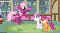 Size: 853x480 | Tagged: safe, screencap, cheerilee, scootaloo, sweetie belle, earth pony, pegasus, pony, unicorn, g4, hearts and hooves day (episode), season 2, animated, candy, cinemagraph, female, filly, flailing, floating, food, gif, hearts and hooves day, hoofy-kicks, loop, mare, sugarcube corner