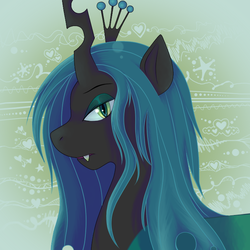 Size: 700x700 | Tagged: dead source, safe, artist:rosewhistle, queen chrysalis, changeling, changeling queen, g4, abstract background, female, profile, solo