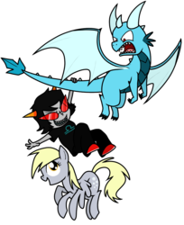 Size: 816x1000 | Tagged: artist needed, source needed, safe, derpy hooves, dragon, pegasus, pony, g4, crossover, female, flying, homestuck, mare, simple background, terezi pyrope, transparent background, troll (homestuck)