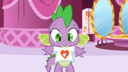 Size: 1680x946 | Tagged: safe, artist:angel147196, edit, edited screencap, screencap, rarity, spike, dragon, g4, green isn't your color, barb, carousel boutique, clothes, ei, elusive, female, rule 63, shirt, solo, t-shirt