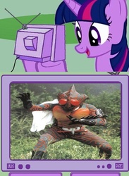 Size: 563x771 | Tagged: safe, twilight sparkle, pony, unicorn, g4, exploitable meme, female, kamen rider, kamen rider amazon, mare, meme, tv meme