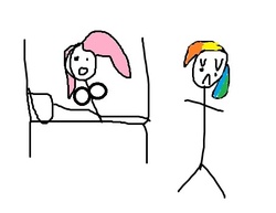 Size: 454x350 | Tagged: safe, artist:fronzel, fluttershy, rainbow dash, human, g4, 1000 hours in ms paint, :o, breasts, busty fluttershy, do not want, female, humanized, ms paint, open mouth, quality, sad face, scene interpretation, simple background