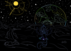 Size: 2338x1700 | Tagged: dead source, safe, artist:tess, princess luna, alicorn, pony, g4, earth, female, mare, moon, s1 luna, sitting, solo, space, stars, sun