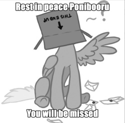 Size: 1014x996 | Tagged: safe, artist:maximillianveers, edit, derpy hooves, pegasus, pony, g4, box, female, mare, meta, one wing out, ponibooru, pony in a box, sad, solo, text