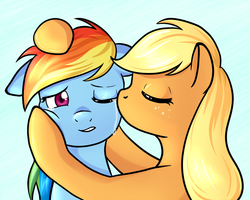 Size: 825x660 | Tagged: safe, artist:marikaefer, applejack, rainbow dash, earth pony, pegasus, pony, g4, cheek kiss, crying, duo, female, kissing, lesbian, mare, ship:appledash, shipping, simple background, white background