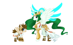 Size: 600x366 | Tagged: safe, artist:skyfinder, pony, clothes, colt, crossover, female, kid icarus, kid icarus: uprising, male, mare, palutena, pit (kid icarus), ponified, sandals, signature, simple background, smiling, spread wings, standing, transparent background