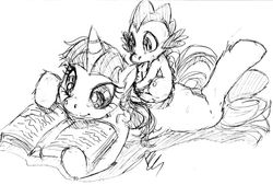 Size: 1000x676 | Tagged: safe, artist:buttercupsaiyan, spike, twilight sparkle, dragon, pony, unicorn, g4, biting, black and white, book, duo, female, filly, foal, grayscale, male, monochrome, prone, reading, simple background, tail bite, tail in mouth, traditional art, white background