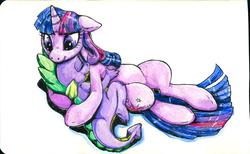 Size: 1280x789 | Tagged: safe, artist:buttercupsaiyan, spike, twilight sparkle, dragon, pony, unicorn, g4, female, floppy ears, hug, male, mama twilight, mare, simple background, traditional art, unicorn twilight