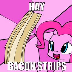 Size: 500x500 | Tagged: safe, artist:derpiihooves, pinkie pie, earth pony, pony, g4, abstract background, epic cupcake time, female, hay bacon strips, image macro, mare, meme, solo