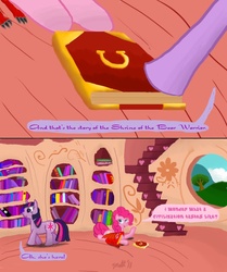 Size: 835x1000 | Tagged: safe, artist:bhiggo, pinkie pie, twilight sparkle, earth pony, pony, unicorn, comic:korog's hunger, g4, baby dragon, book, comic, female, golden oaks library, legend, library, mare, page, red wyrmling, ultimate question